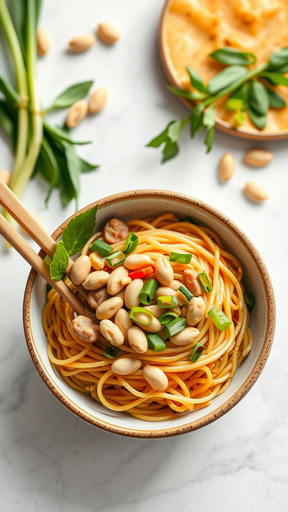 A bowl of Thai peanut noodles garnished with peanuts and green onions