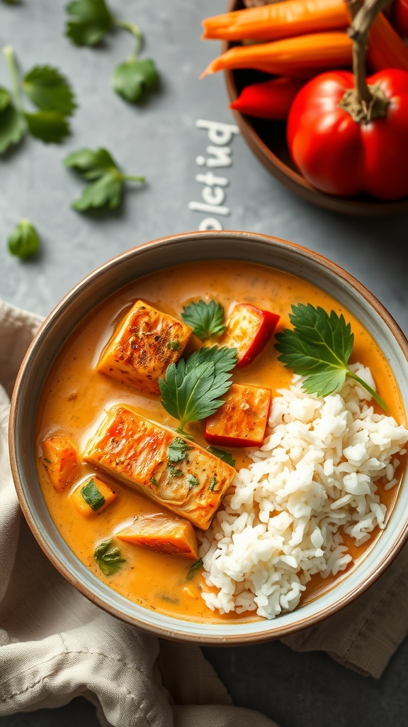 A bowl of Thai salmon curry with rice and fresh herbs.