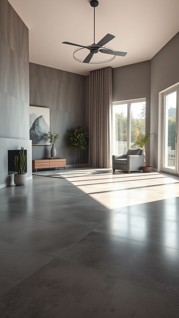A modern living room featuring polished concrete floors, large windows, and stylish furniture