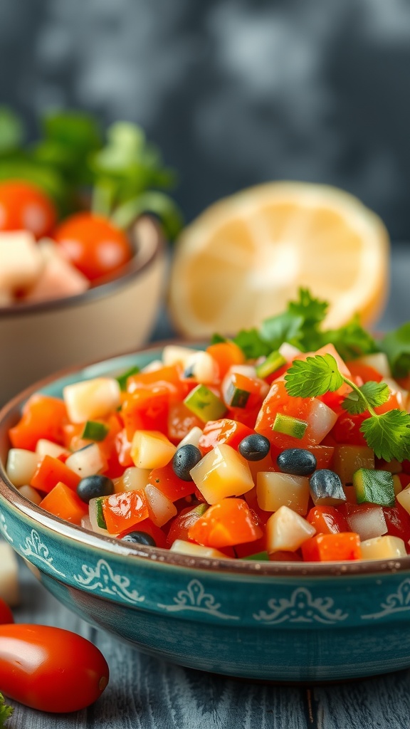 A bowl of colorful Pico de Gallo salsa with tomatoes, onions, cilantro, and lime.