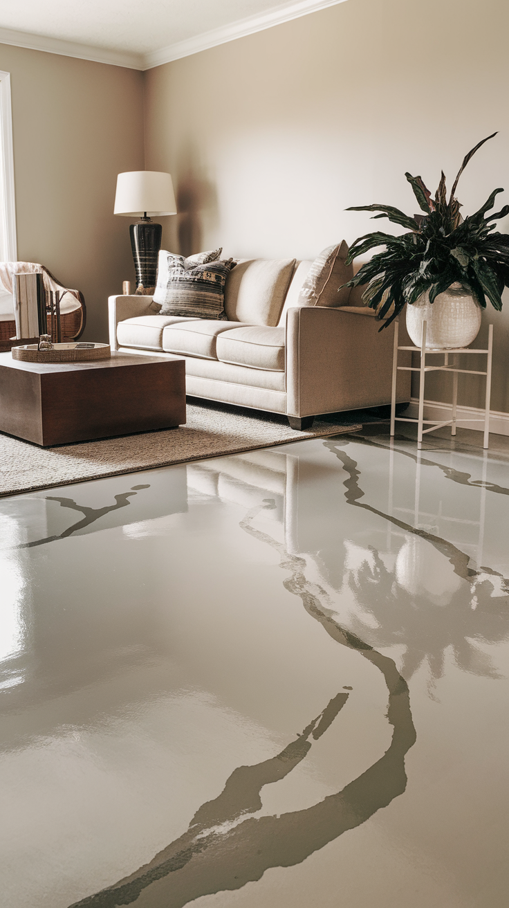 A cozy living room with epoxy flooring, a fireplace, and comfortable furniture.