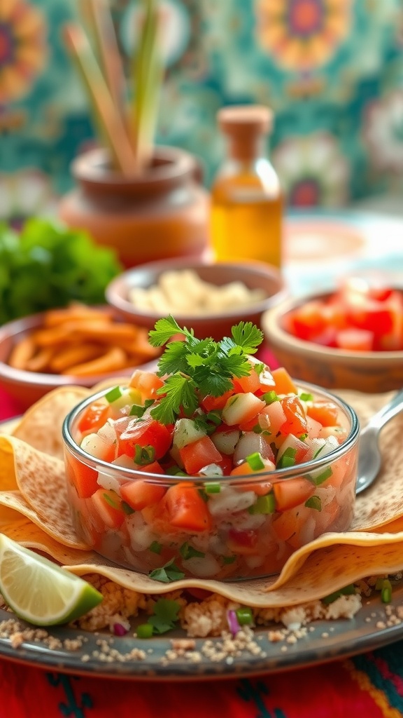 A vibrant bowl of Pico de Gallo salsa with fresh tomatoes, onions, and cilantro, served with tortilla chips.