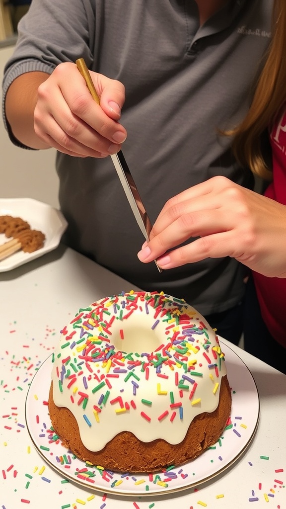 A delicious King Cake ready for serving, showcasing vibrant colors and decorative icing.