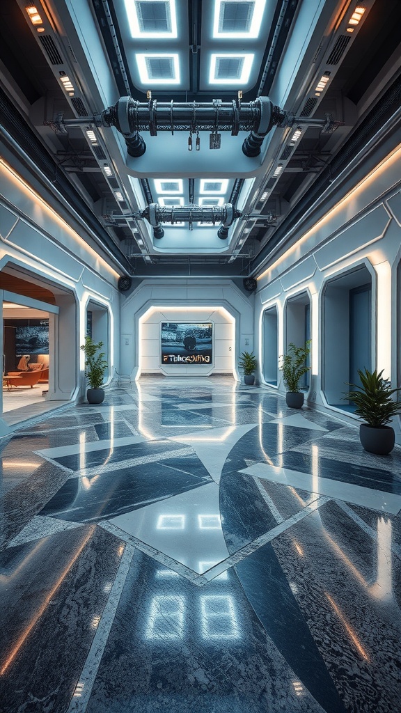 A modern interior featuring glossy epoxy flooring, bright overhead lights, and a sleek design.