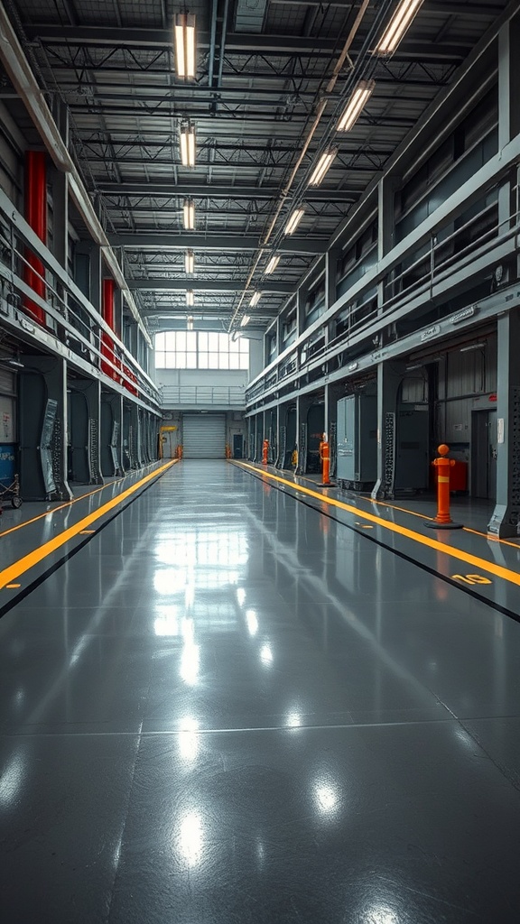 A spacious factory floor with shiny epoxy coating and bright lights.