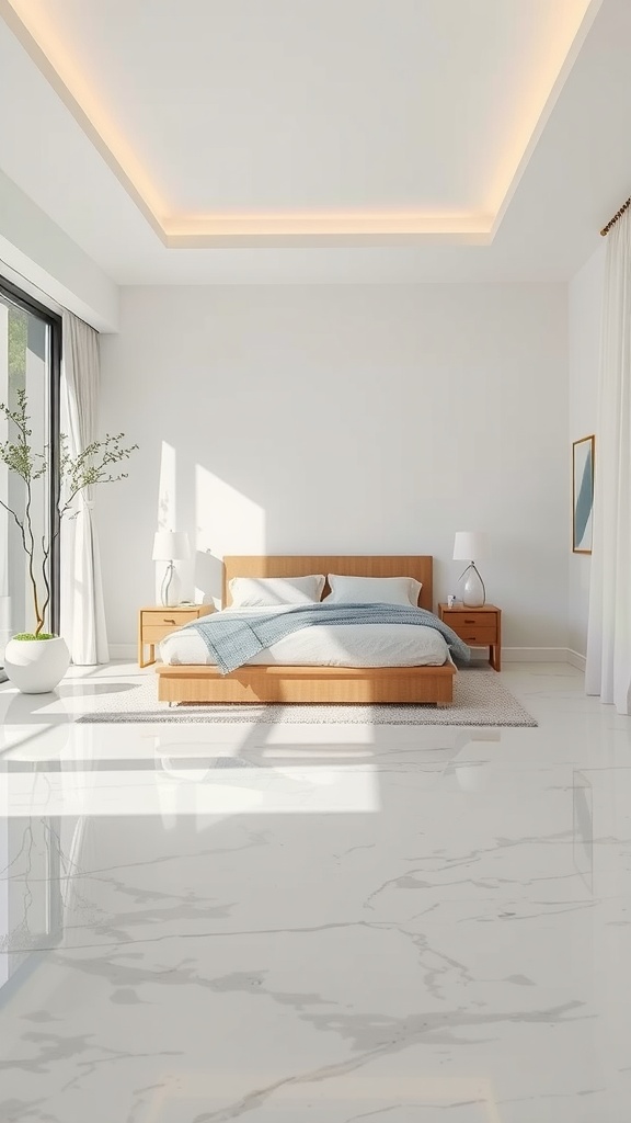 A modern bedroom featuring epoxy flooring, a wooden bed frame, and natural light from large windows.