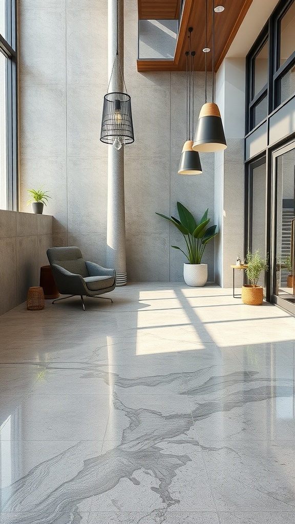 A display of various eco-friendly concrete certifications and stylish concrete samples