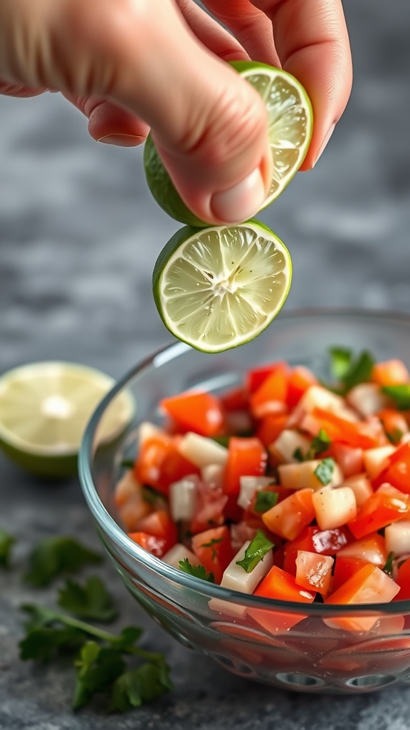 A bowl of Pico de Gallo with fresh ingredients and lime being squeezed
