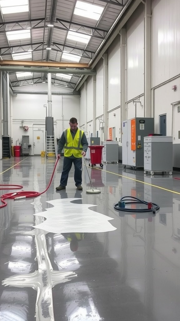 A worker applying epoxy primer in a factory setting.