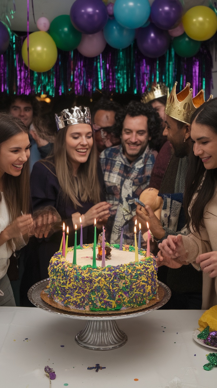 A festive King Cake displayed on a decorated table, symbolizing celebration and community.