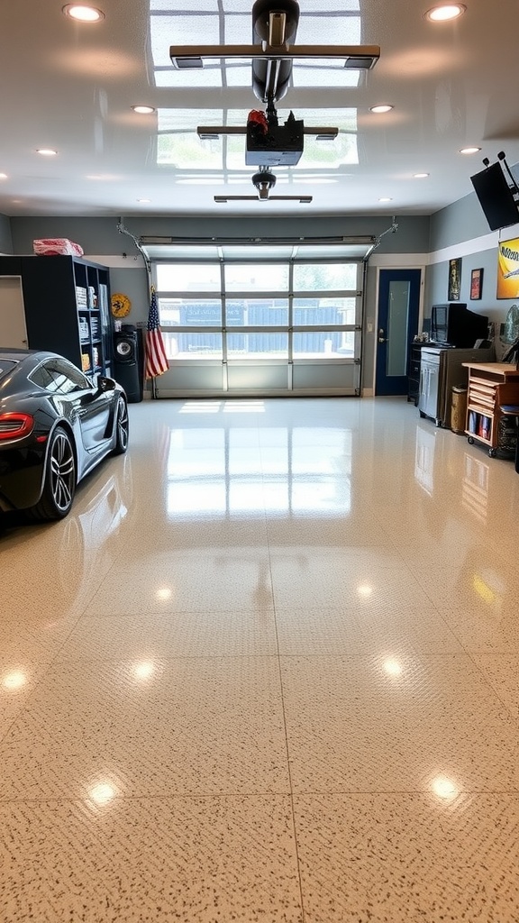A spacious garage with newly installed epoxy flooring, featuring a person inspecting the work.