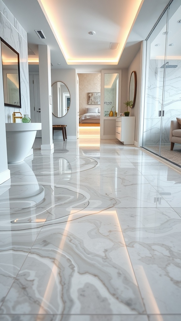A modern interior showcasing high-gloss flooring, reflecting a stylish and sustainable design.