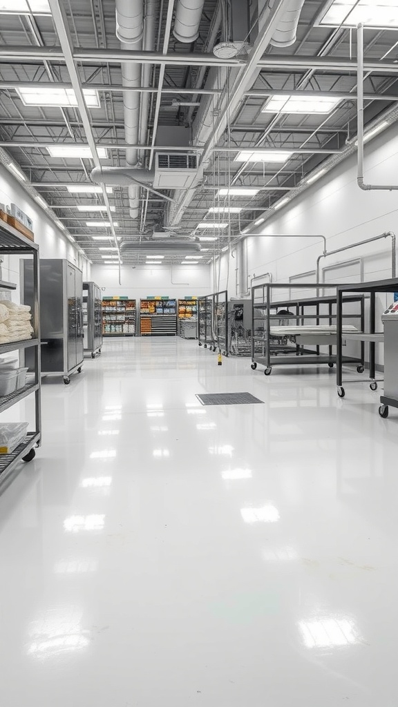 A clean and well-organized food processing plant with seamless epoxy flooring