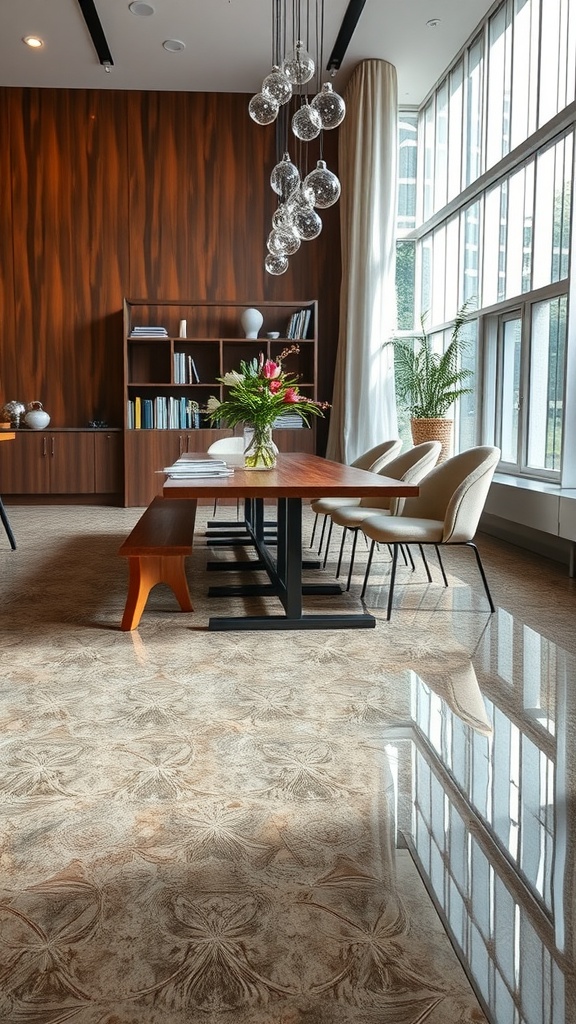 A modern kitchen featuring glossy epoxy flooring, dark cabinetry, and bright lighting.