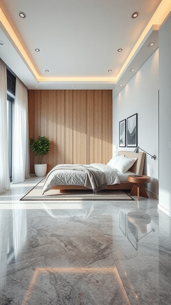 Modern bedroom with epoxy concrete floors, wooden accent wall, and soft lighting