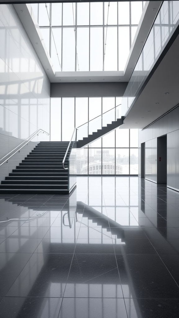 A modern entrance with a grand staircase and polished epoxy floor, featuring large windows.
