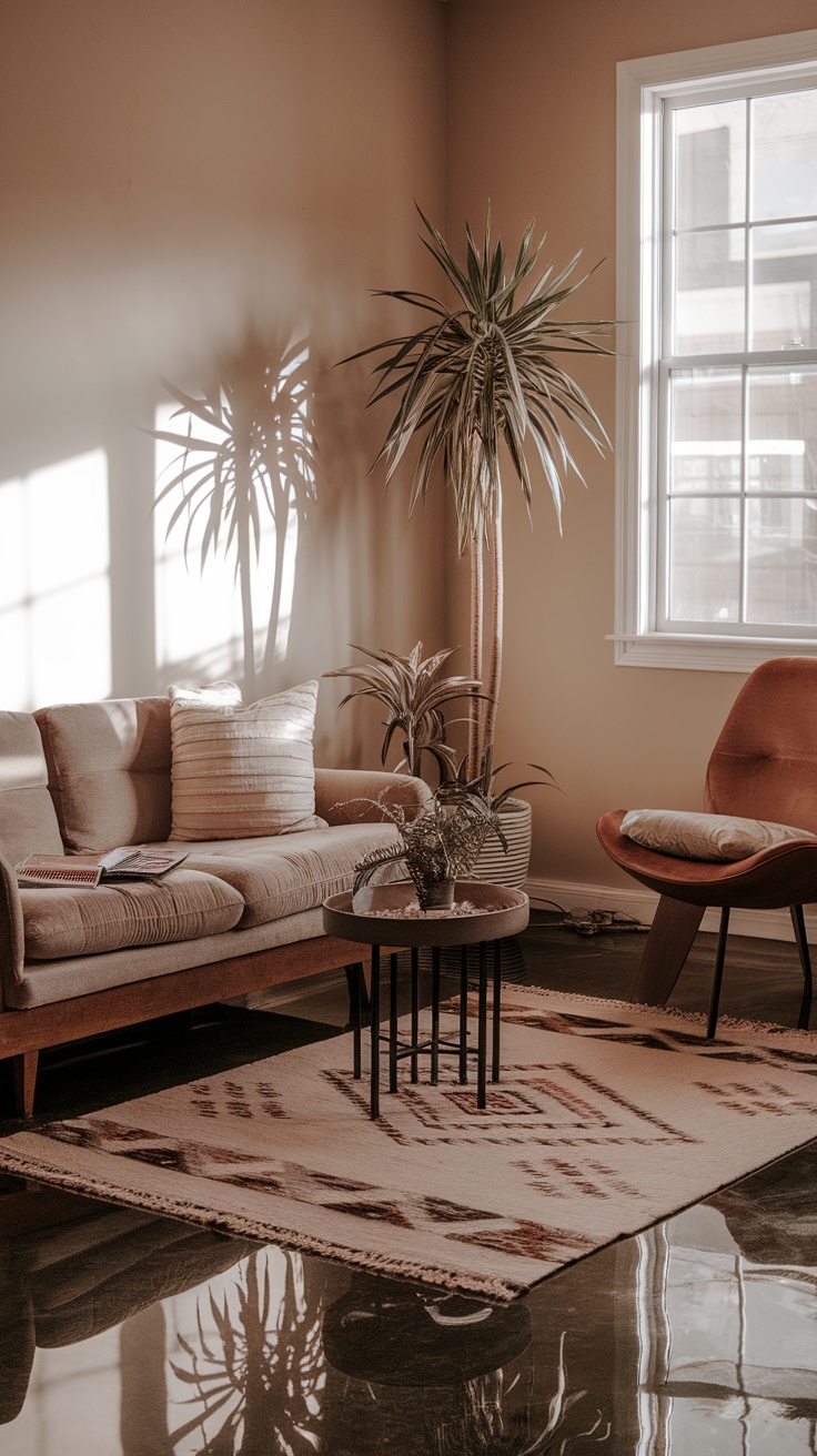A cozy living room featuring a soft sofa, a vibrant accent chair, plants, and a stylish coffee table on an epoxy floor.