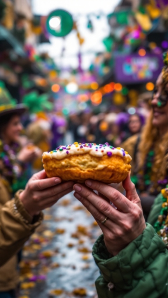 A festive King Cake associated with Mardi Gras celebrations.