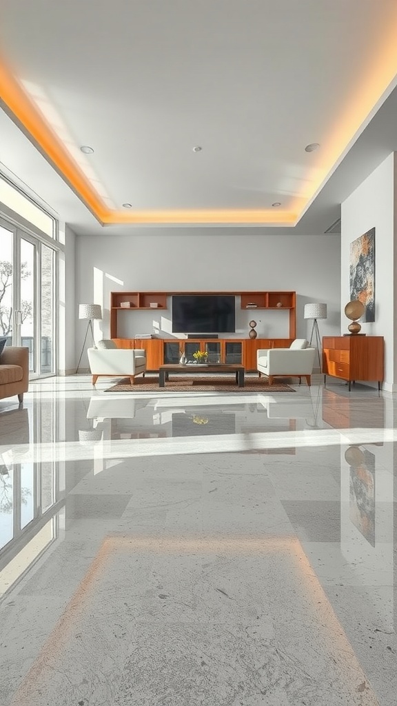 A modern living area featuring luxury epoxy flooring with warm ceiling lighting and large windows.