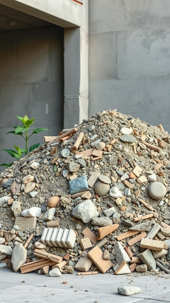A pile of mixed debris, including crushed bricks, tiles, and stones, highlighting the use of recycled materials in eco-friendly concrete.