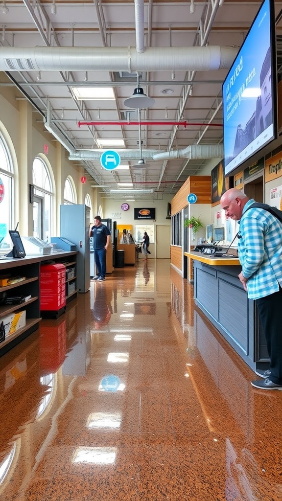 Modern epoxy floor with smooth texture and reflections, featuring an inviting business environment.