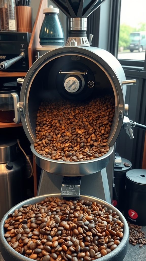 Freshly roasted coffee beans in a roasting machine.