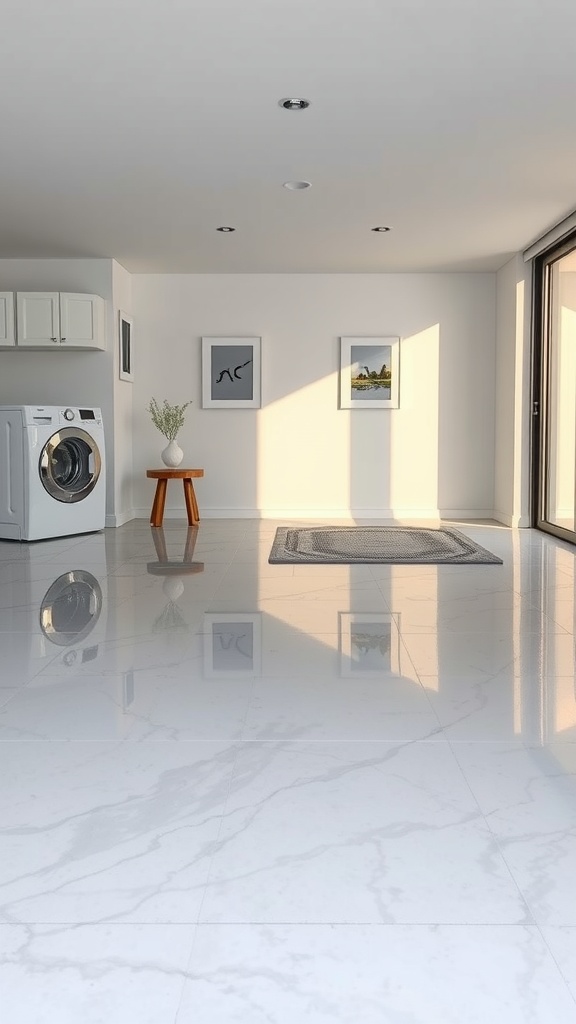 Modern laundry room with glossy gray epoxy floor and minimal decor