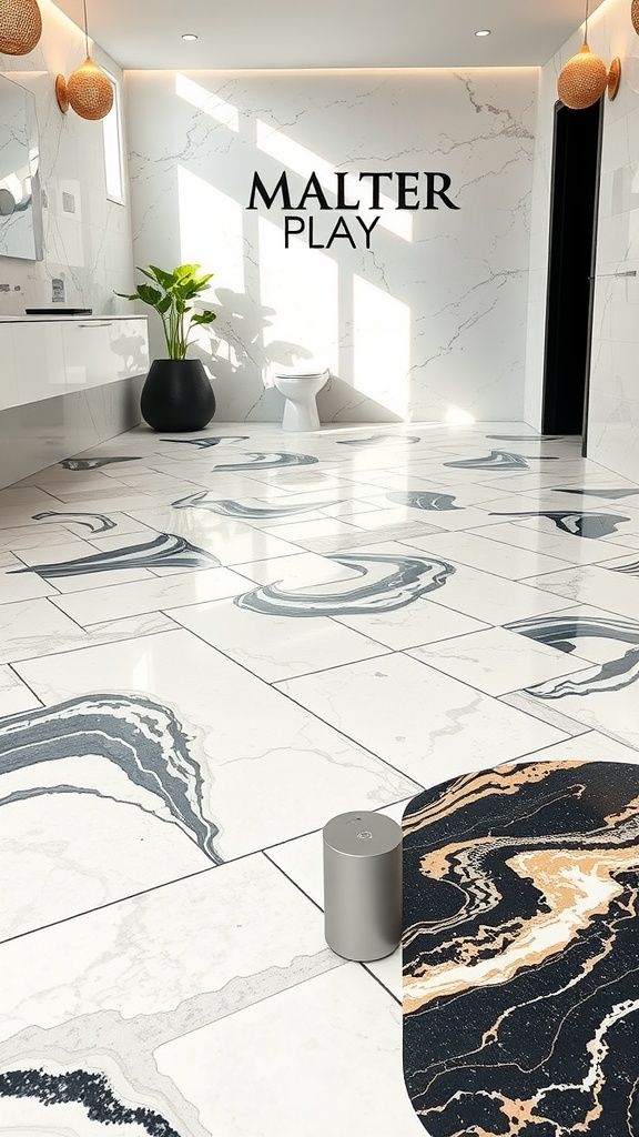 A modern bathroom with heated marble floors featuring elegant patterns, showcasing a stylish interior.