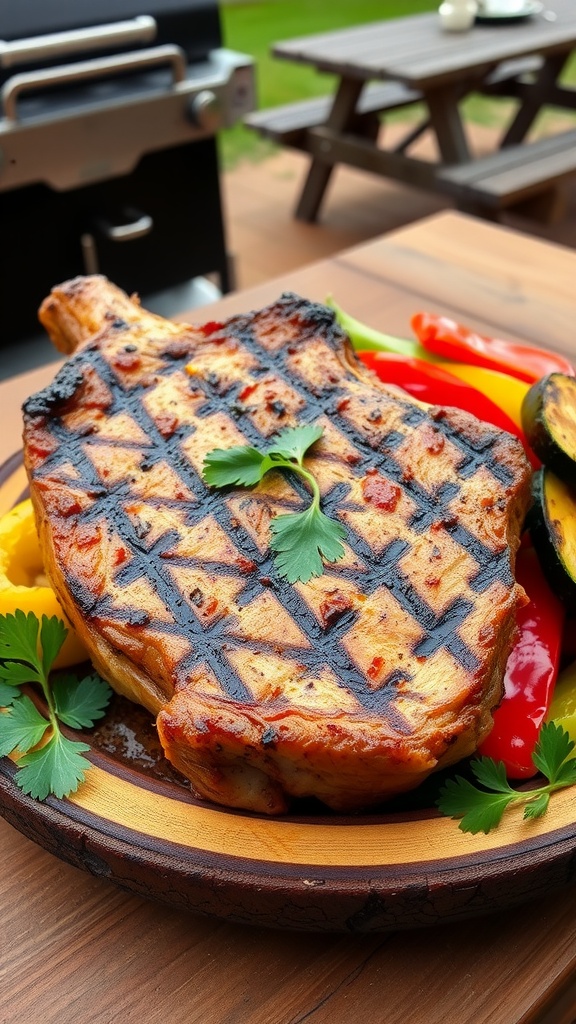 Grilled Texas pork chop on a wooden plate with vegetables, garnished with parsley.