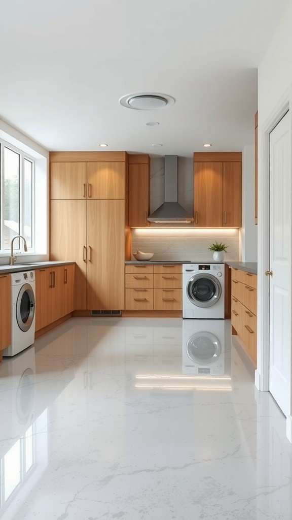 A clean garage with epoxy flooring on the left and a laundry room with washing machines on the right, both showcasing shiny, durable surfaces.