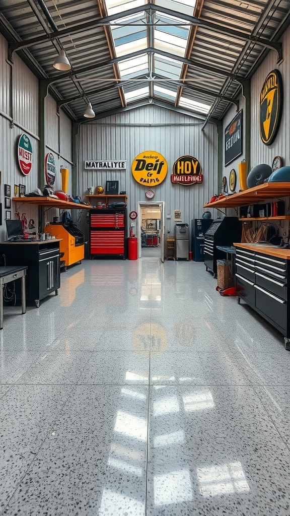 A modern workshop interior featuring shiny epoxy flooring and vintage signs