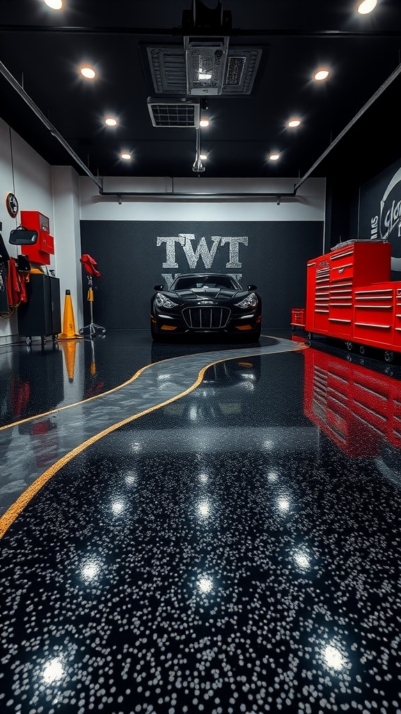 A modern garage with a shiny black epoxy floor, showcasing a luxury design with decorative elements.
