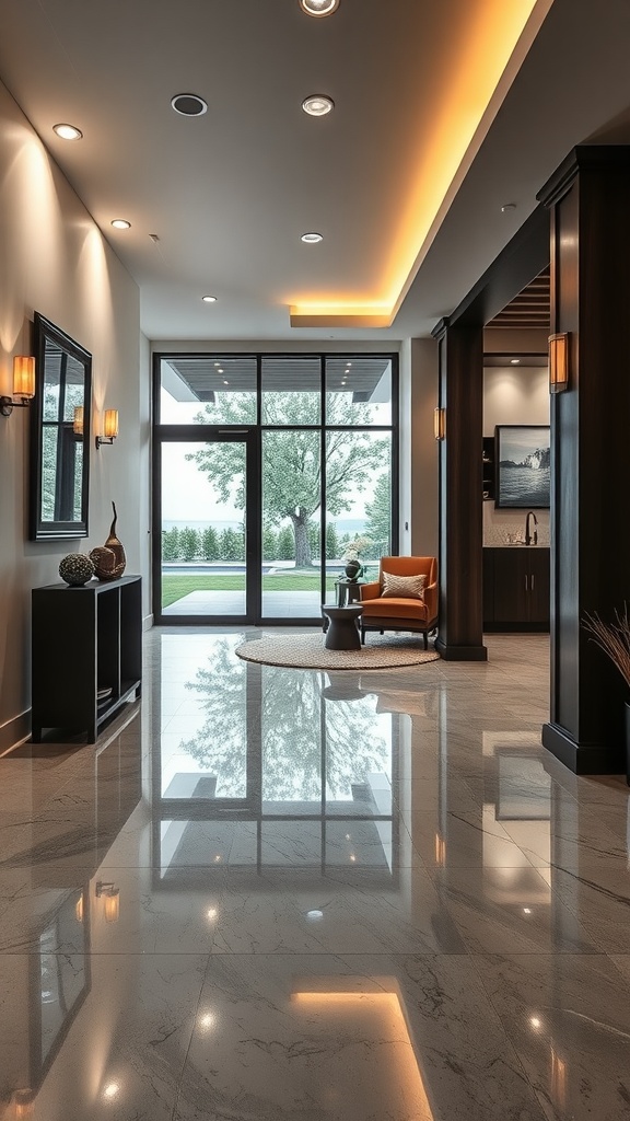 Modern entryway with epoxy floors, architectural lighting, and stylish furnishings