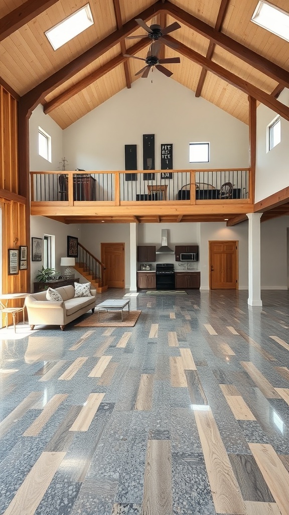 A spacious living area with wood-look epoxy floors and high ceilings, featuring modern design elements.