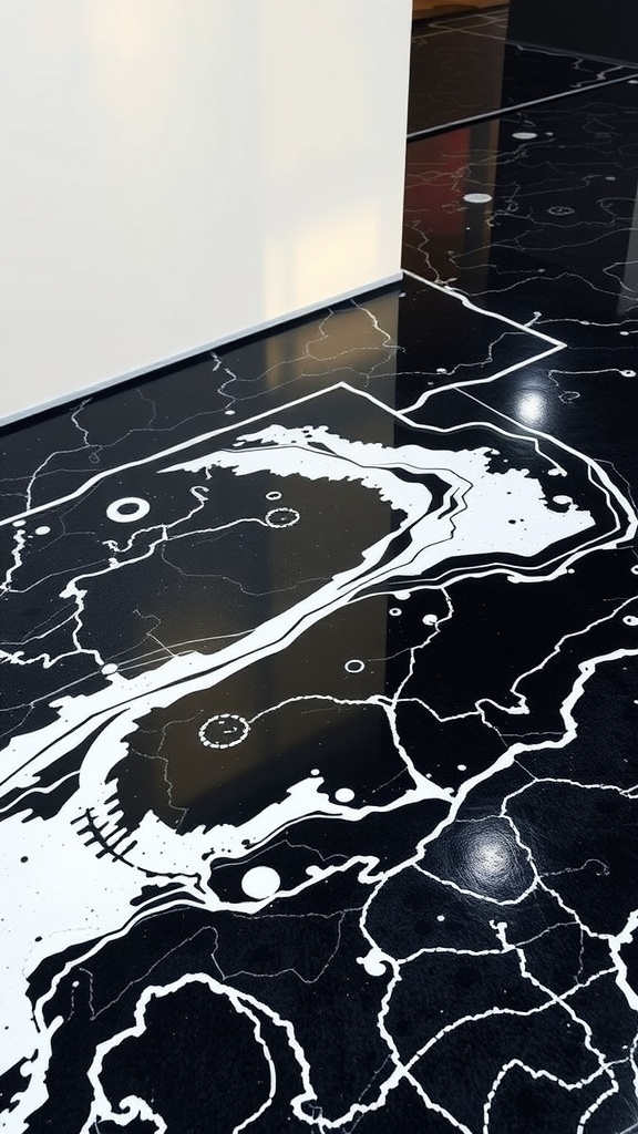 A luxurious black and white epoxy floor design in a stylish interior setting.