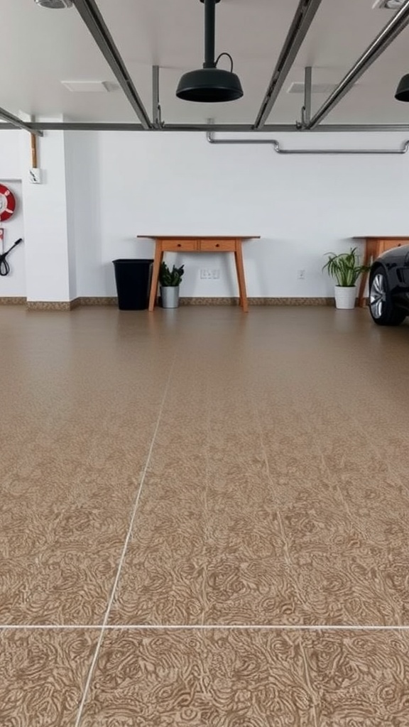 A stylish garage with a black and white checkerboard epoxy floor design, featuring two luxury cars.
