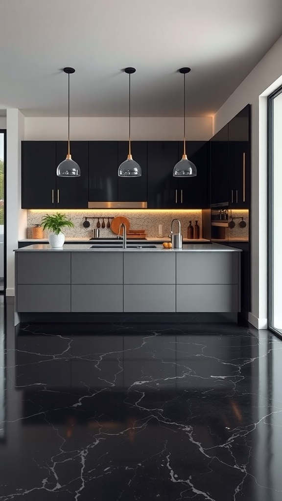 A spacious kitchen and living room featuring a brown epoxy herringbone floor design, with light cabinetry and cozy seating.