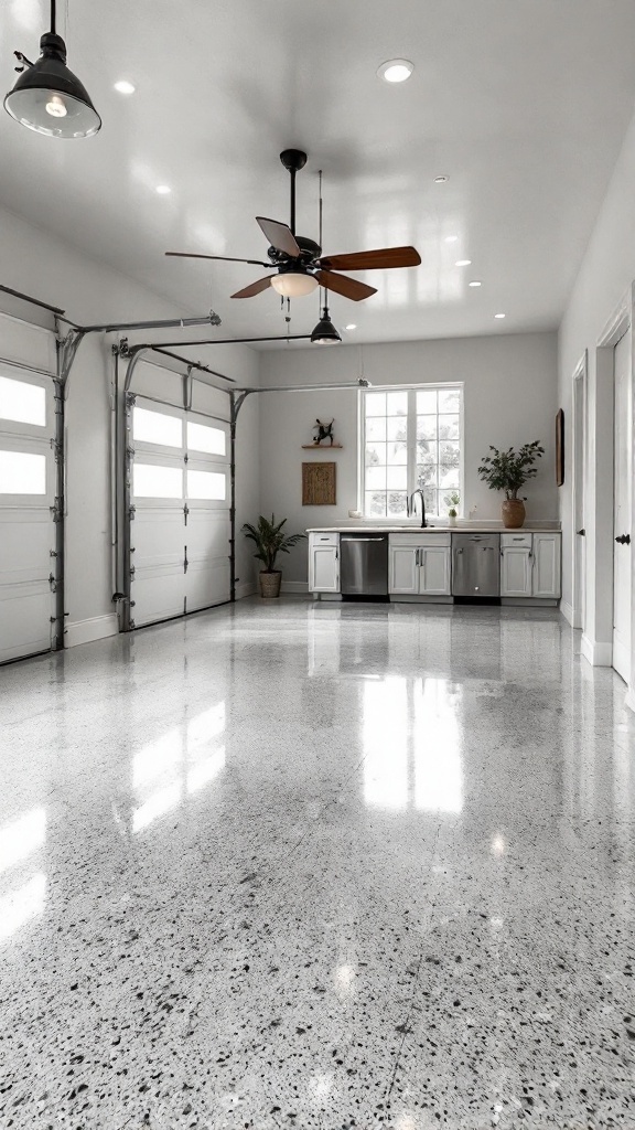 A modern garage featuring a shiny epoxy floor, neutral color scheme, and bright lighting.
