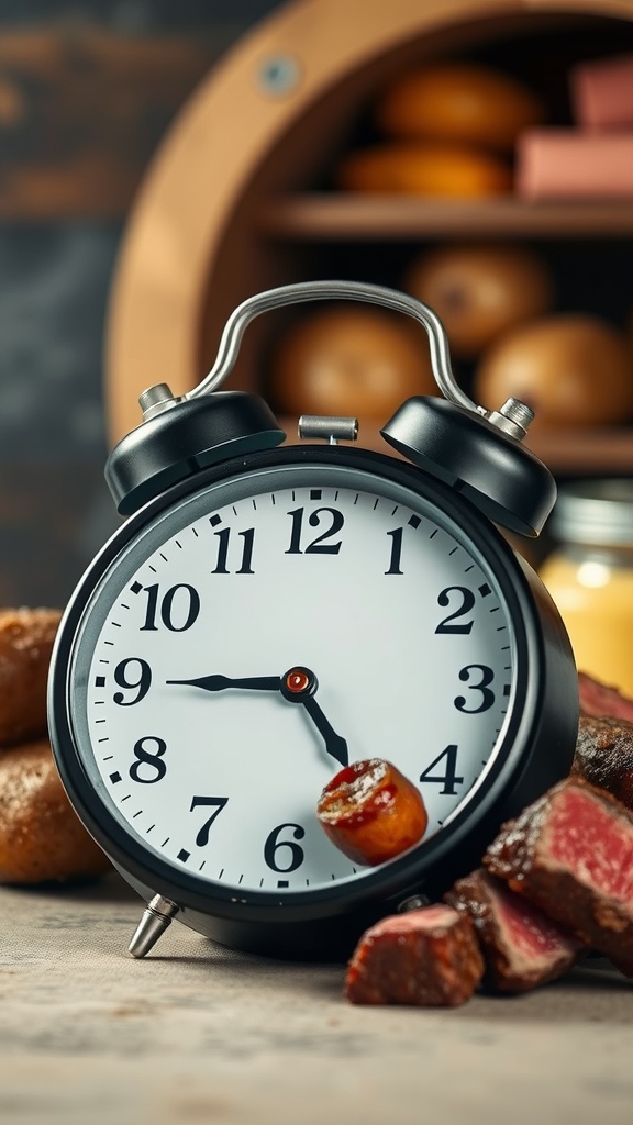A clock indicating timing for cooking steak and potatoes.
