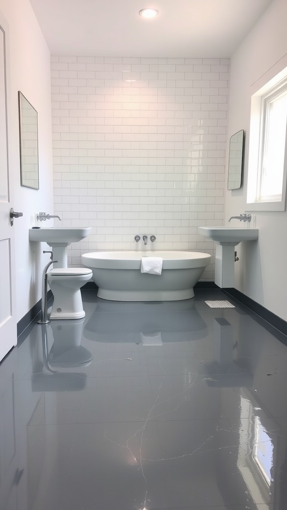 A clean bathroom floor with cleaning supplies and a bathtub in the background