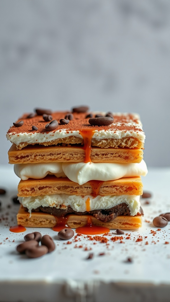 A stack of delicious tiramisu dessert with coffee flavor