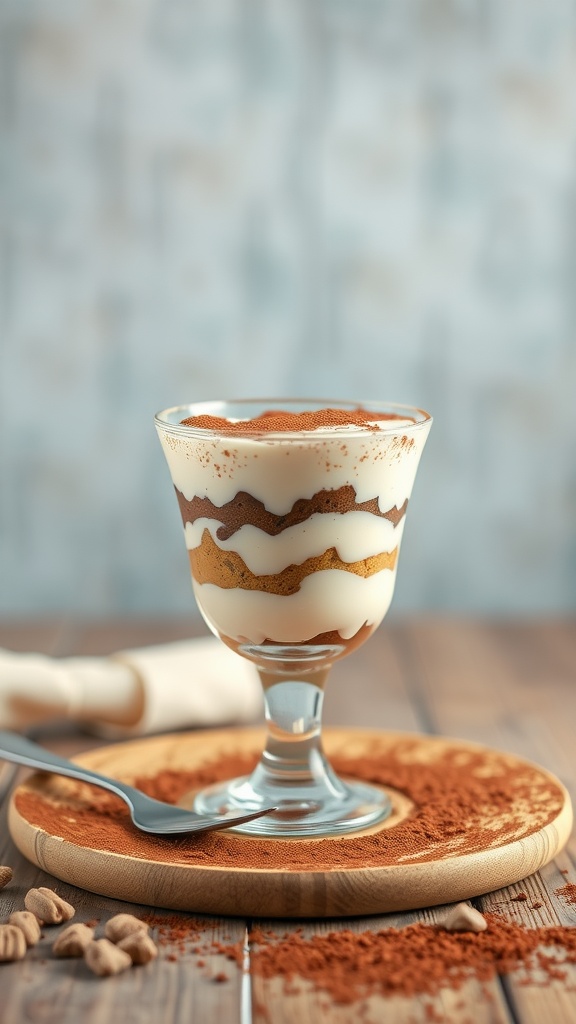 A glass of tiramisu dessert layered with coffee-soaked ladyfingers and mascarpone cheese.