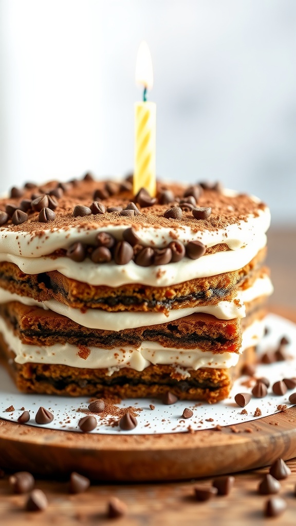 Tiramisu Birthday Cake with a candle on top