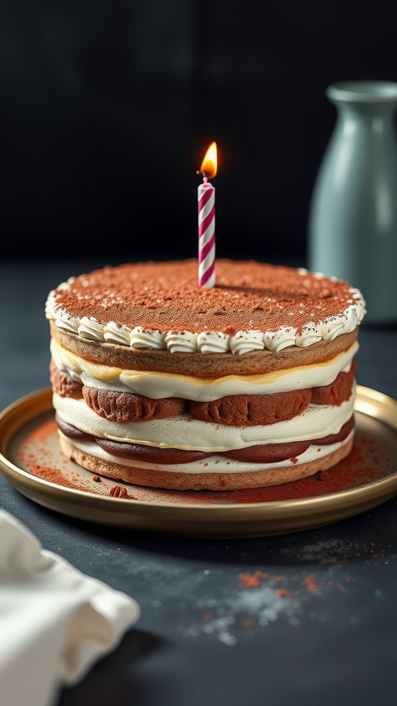 A beautifully layered Tiramisu cake with cocoa dust and a candle on top