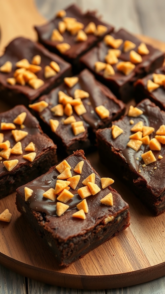 Delicious toffee crunch brownies topped with chocolate and toffee bits.