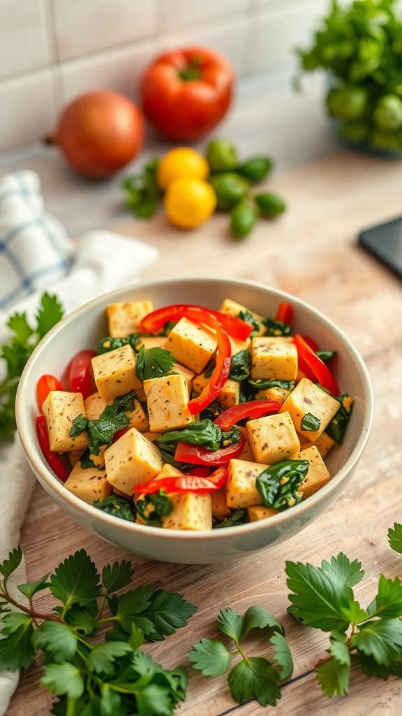 A bowl of tofu scramble with colorful vegetables, garnished with fresh herbs.