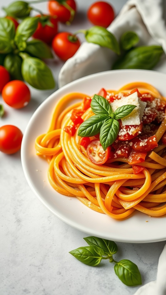 A plate of tomato basil pasta garnished with fresh basil and Parmesan cheese.