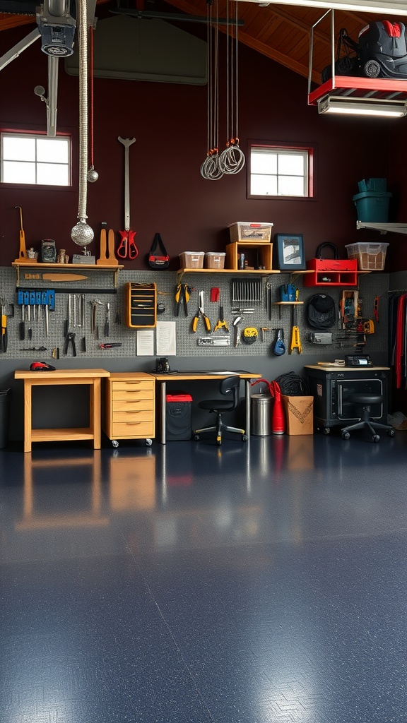Organized garage with dark epoxy floor and tool storage