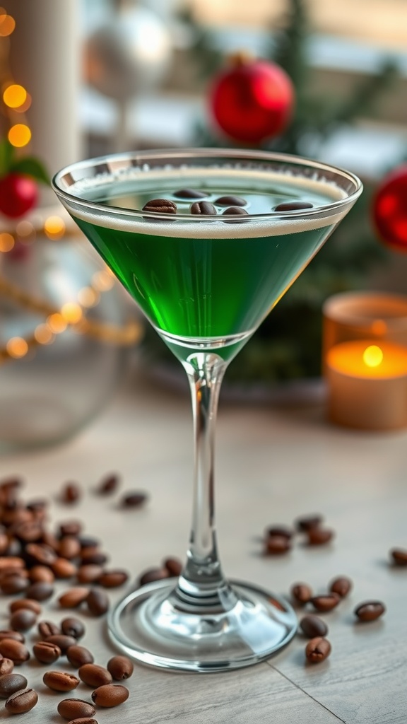A vibrant green cocktail in a martini glass, garnished with coffee beans.