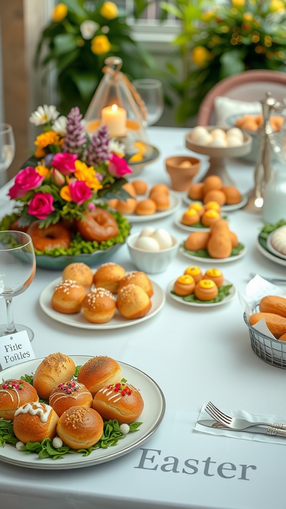 A beautifully arranged Easter brunch table displaying an assortment of colorful rolls and decorations.
